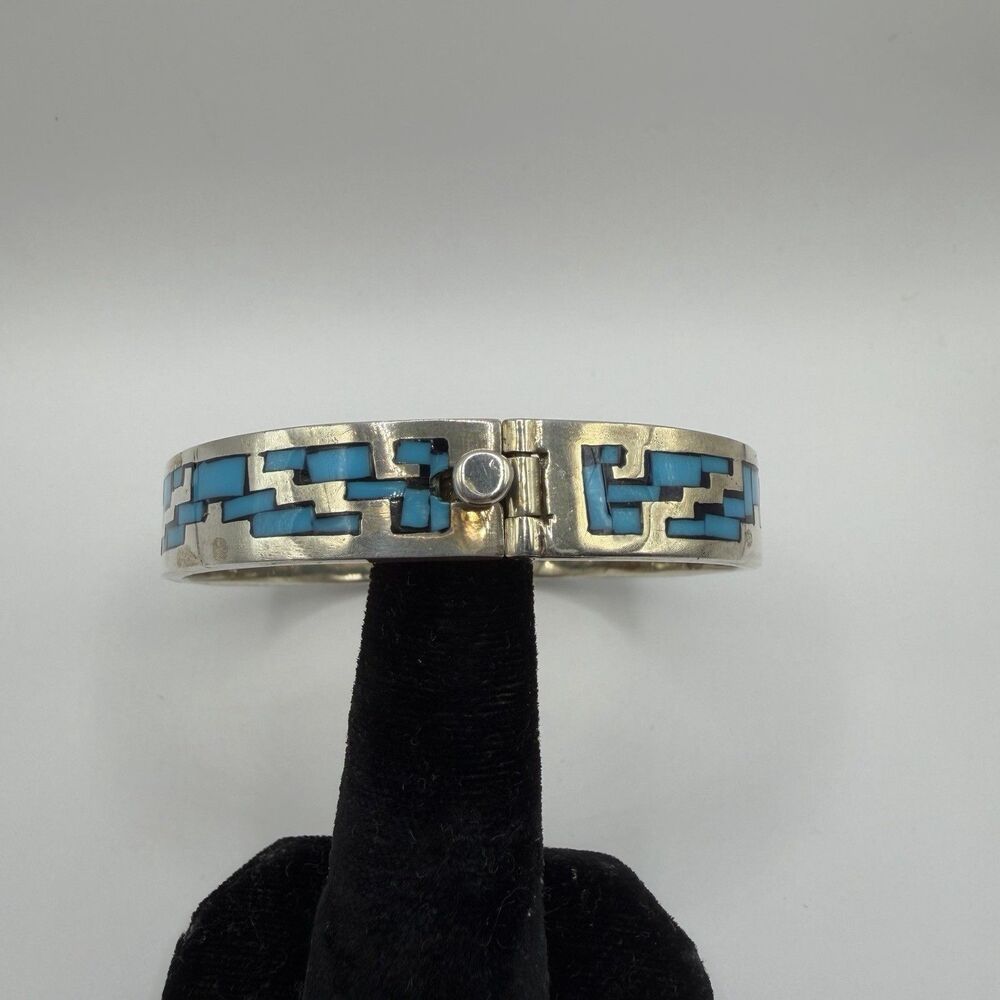 Vintage 925 Sterling Silver Turquoise Inlay Hinged Bangle Bracelet 7" 43.2g